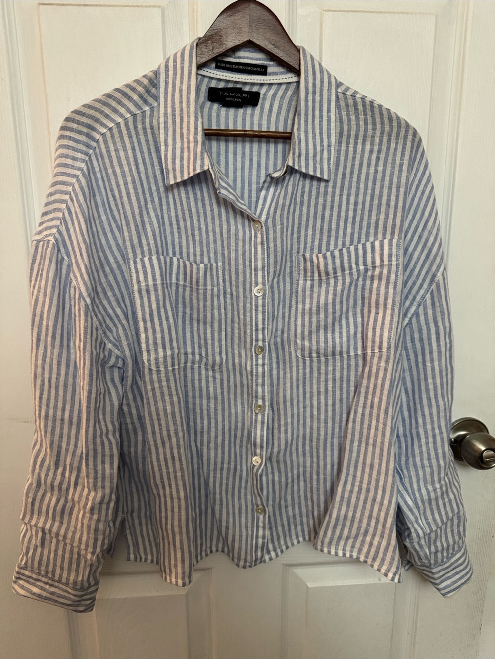 100% Linen Striped Button-Up Shirt - Blue & White